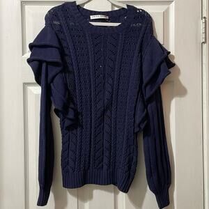 Trina Turk Blue Cable Knit Ruffled Sleeve Sweater M
